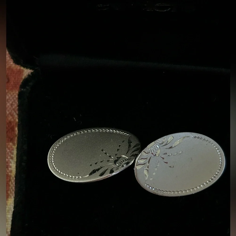 Vintage Ross Jewelers Oval Cufflinks Silver Tone Etched with Flower Design